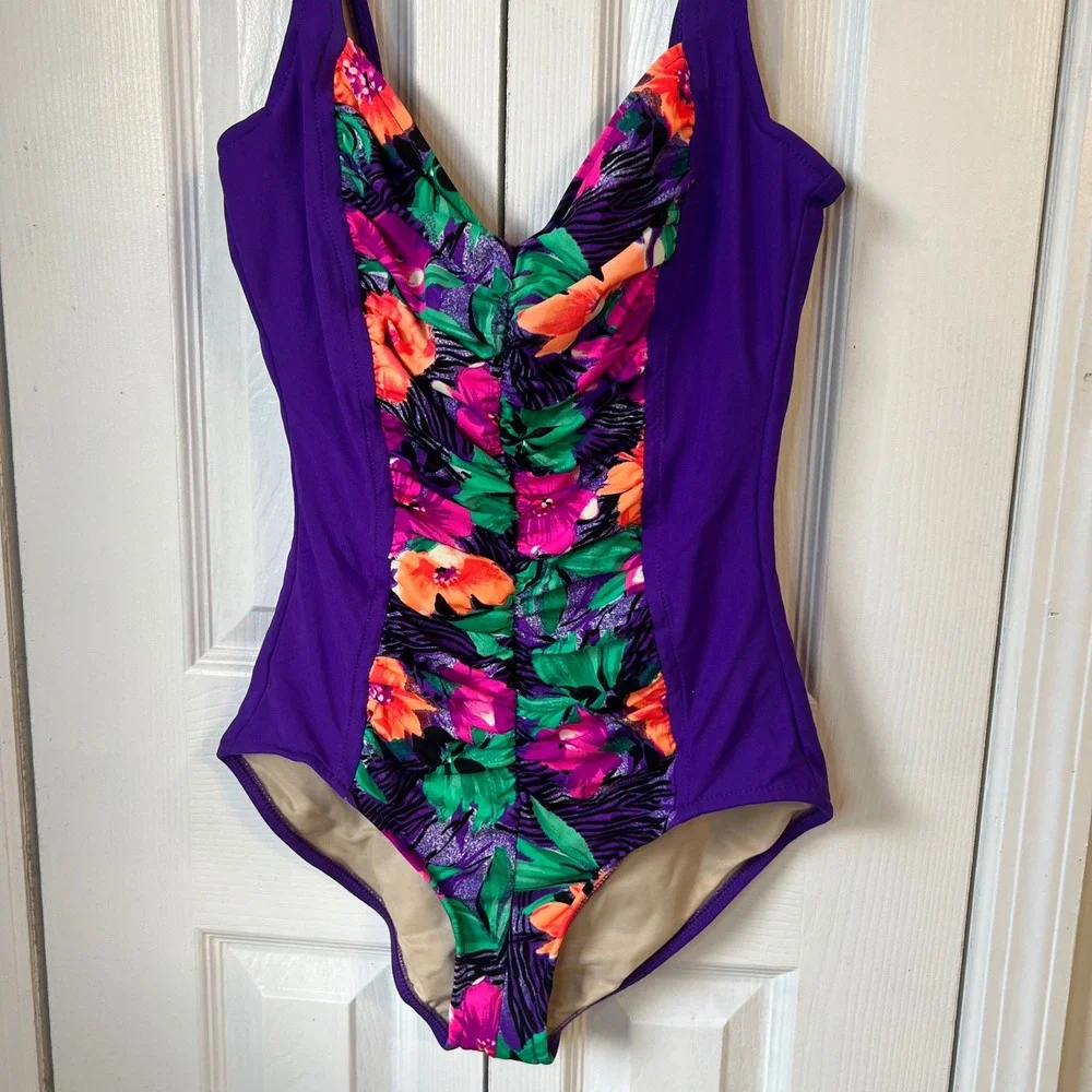 Vintage 80s The‎ Slim Suit Womens size 16 Purple Floral Swimsuit swim wear